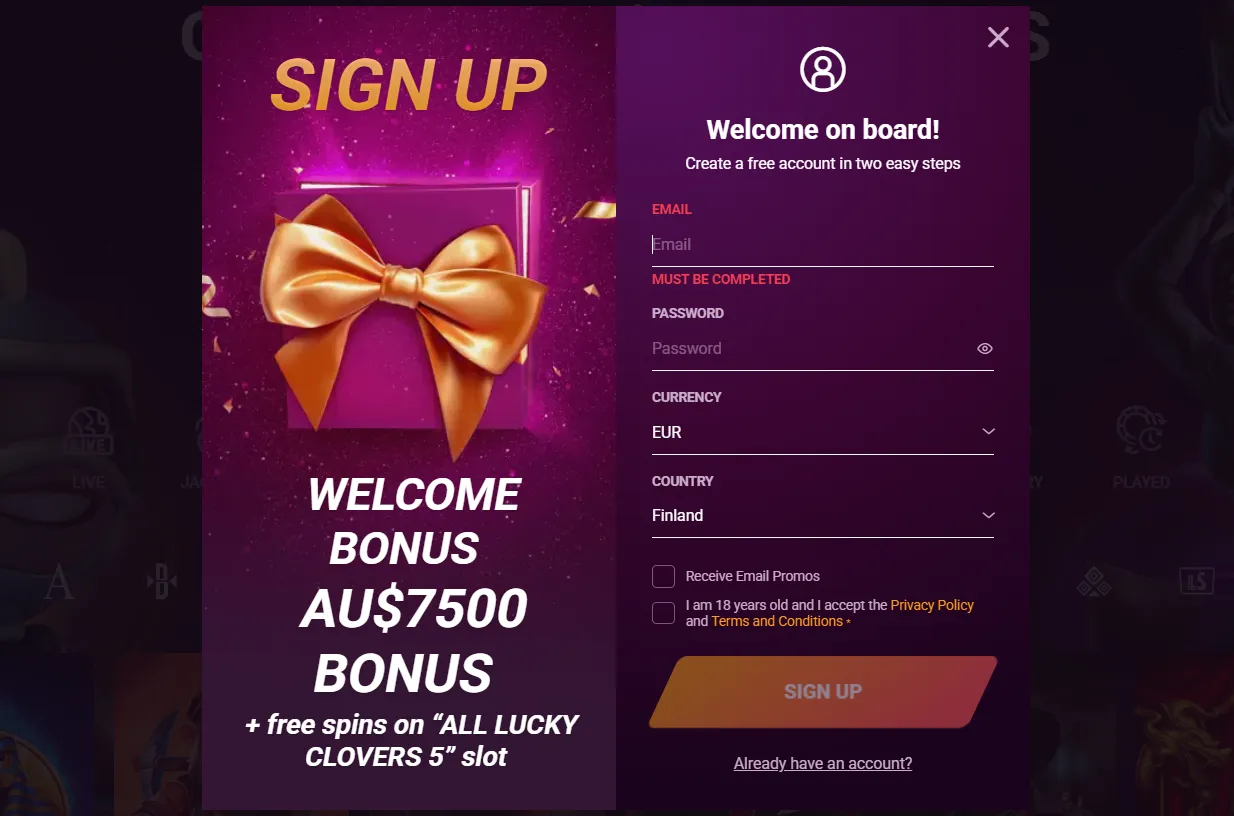 Rickycasino account registration page showing the sign-up fields before any personal details are entered