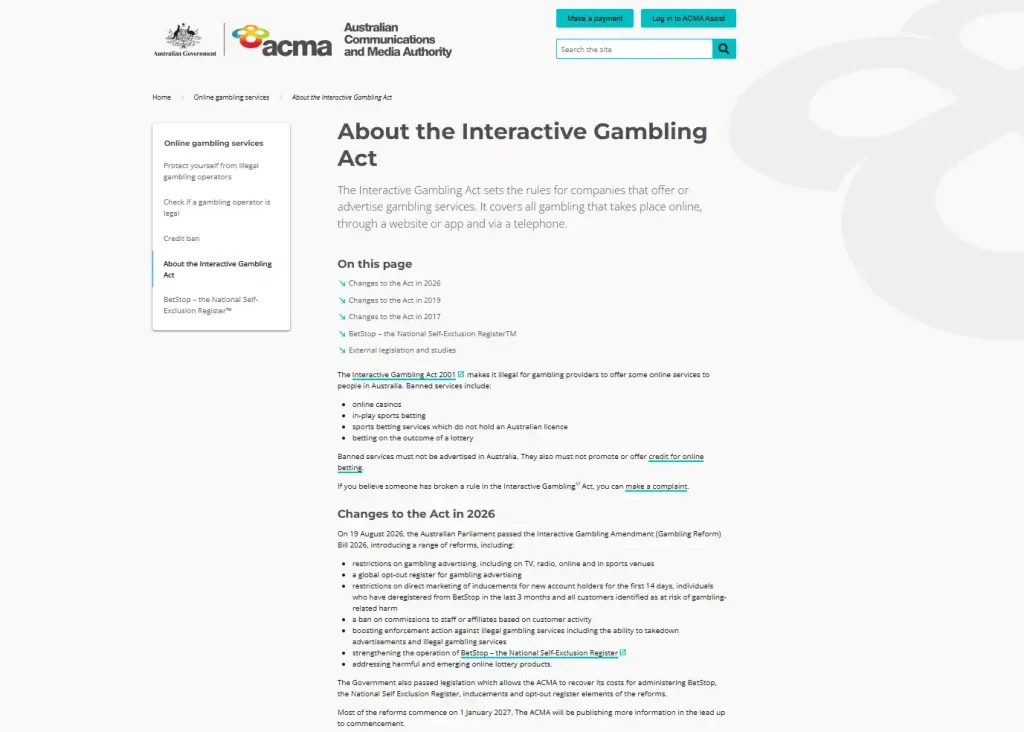 ACMA guidance explaining Australia's rules for online gambling services