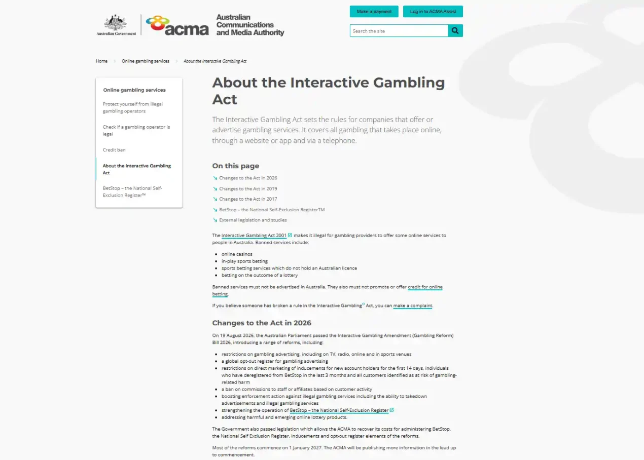 ACMA guidance explaining Australia's rules for online gambling services