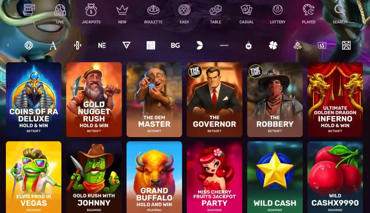 Rickycasino game lobby with pokies, table games and live casino categories