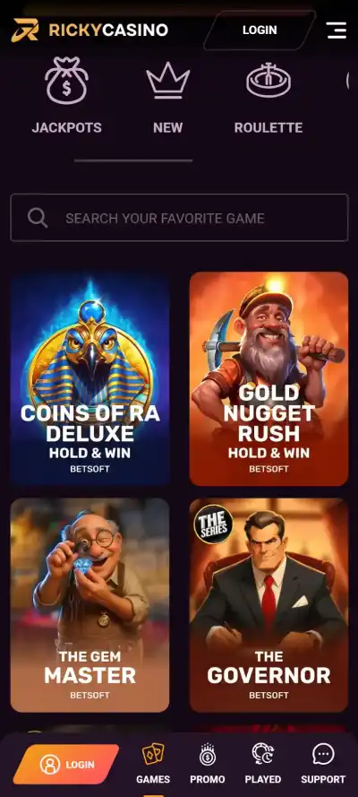 Rickycasino Australian homepage displayed on a smartphone with the mobile navigation and game lobby visible