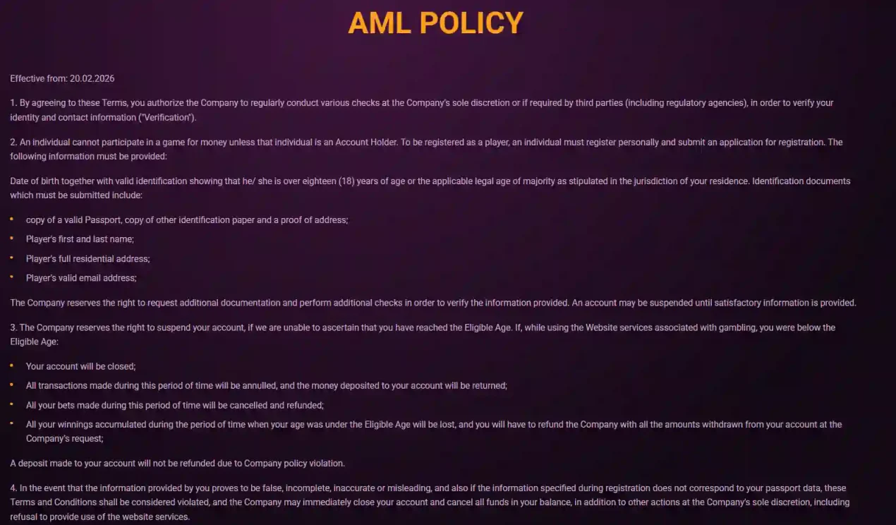 Rickycasino AML and identity verification information displayed on the official website