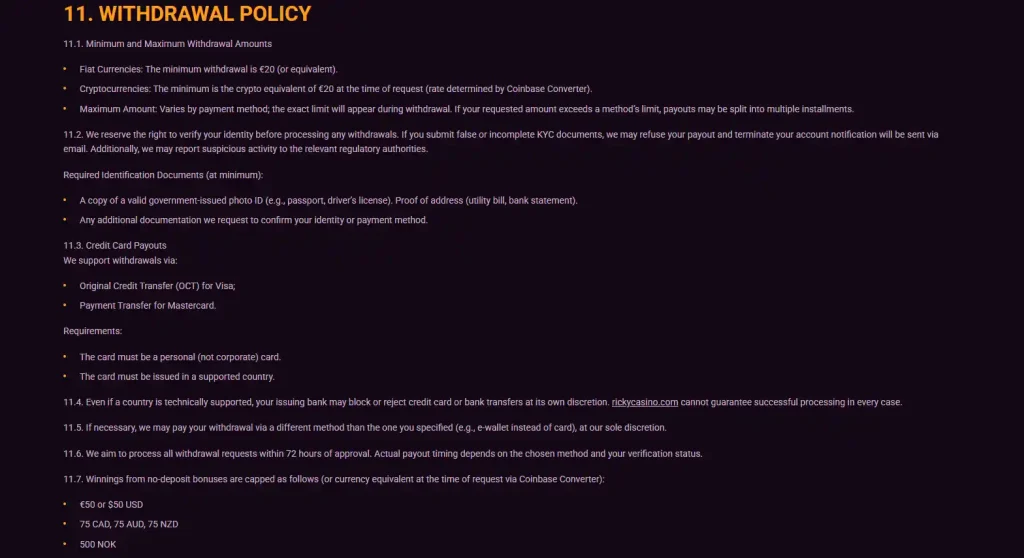 Rickycasino withdrawal terms showing processing time and payout limits