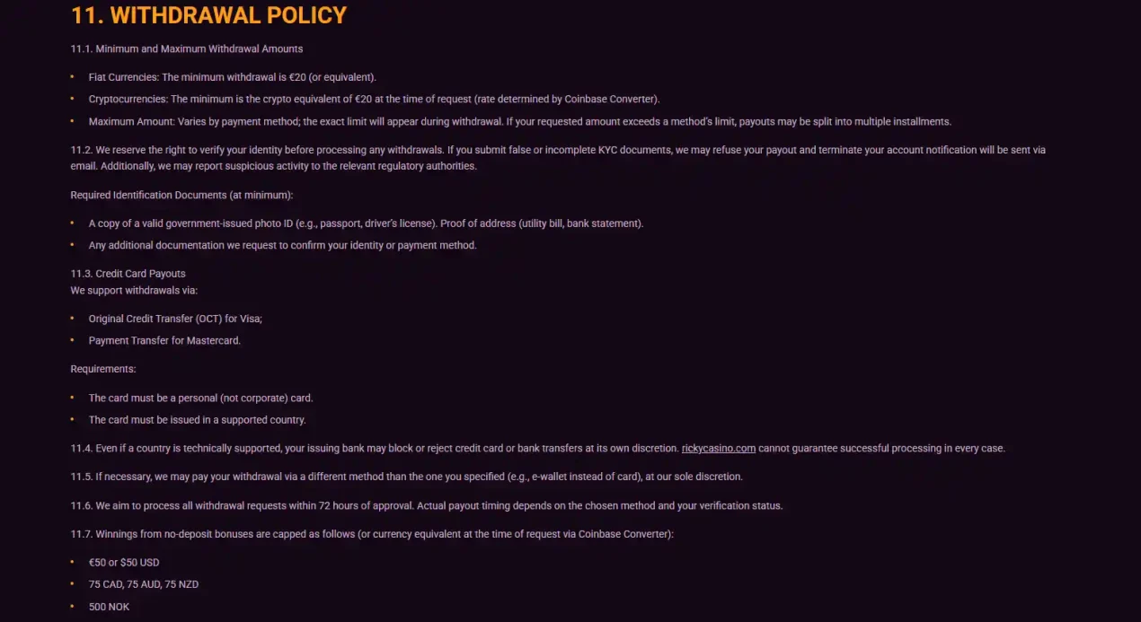 Rickycasino withdrawal terms showing processing time and payout limits